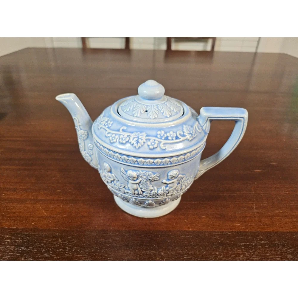 Teapot Unisex Small Blue Cherub Relief Floral Ceramic Made in Japan